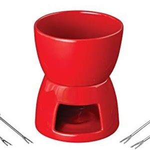 CRATE & BARREL RED CERAMIC 2 Piece fondue set